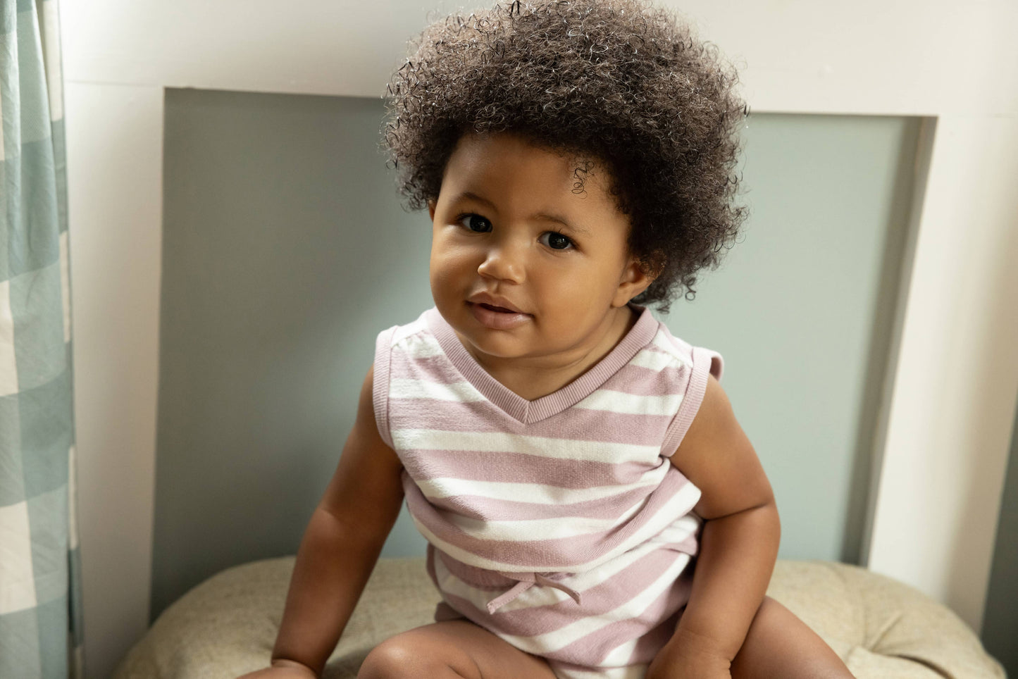 Terry Striped Romper with Shoulder Gathers: Pink