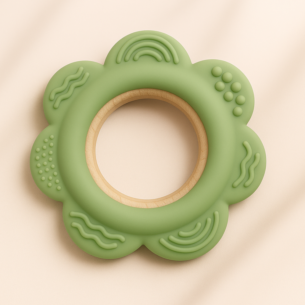 Green Flower Silicone & Beech Wood Baby Ring Teether Toy