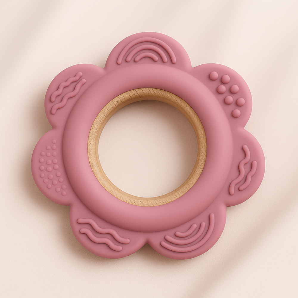 Pink Flower Silicone & Beechwood Baby Ring Teether - Blush