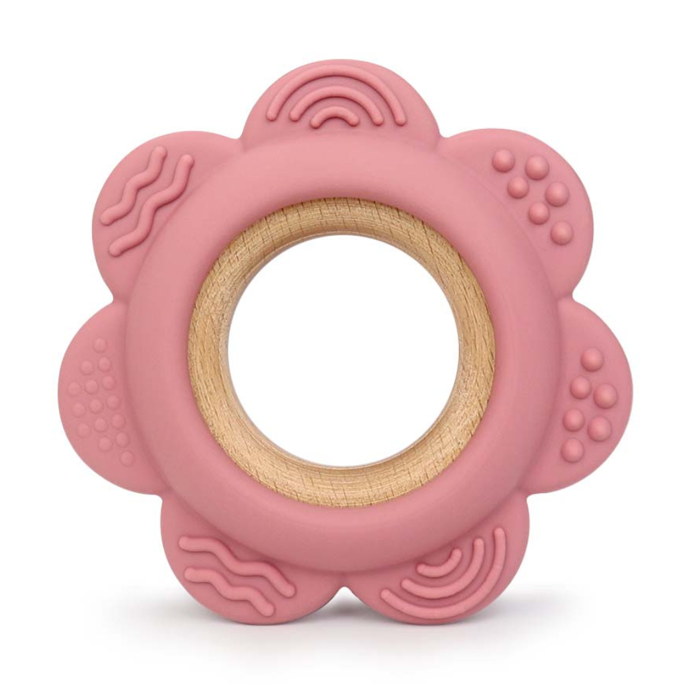 Pink Flower Silicone & Beechwood Baby Ring Teether - Blush