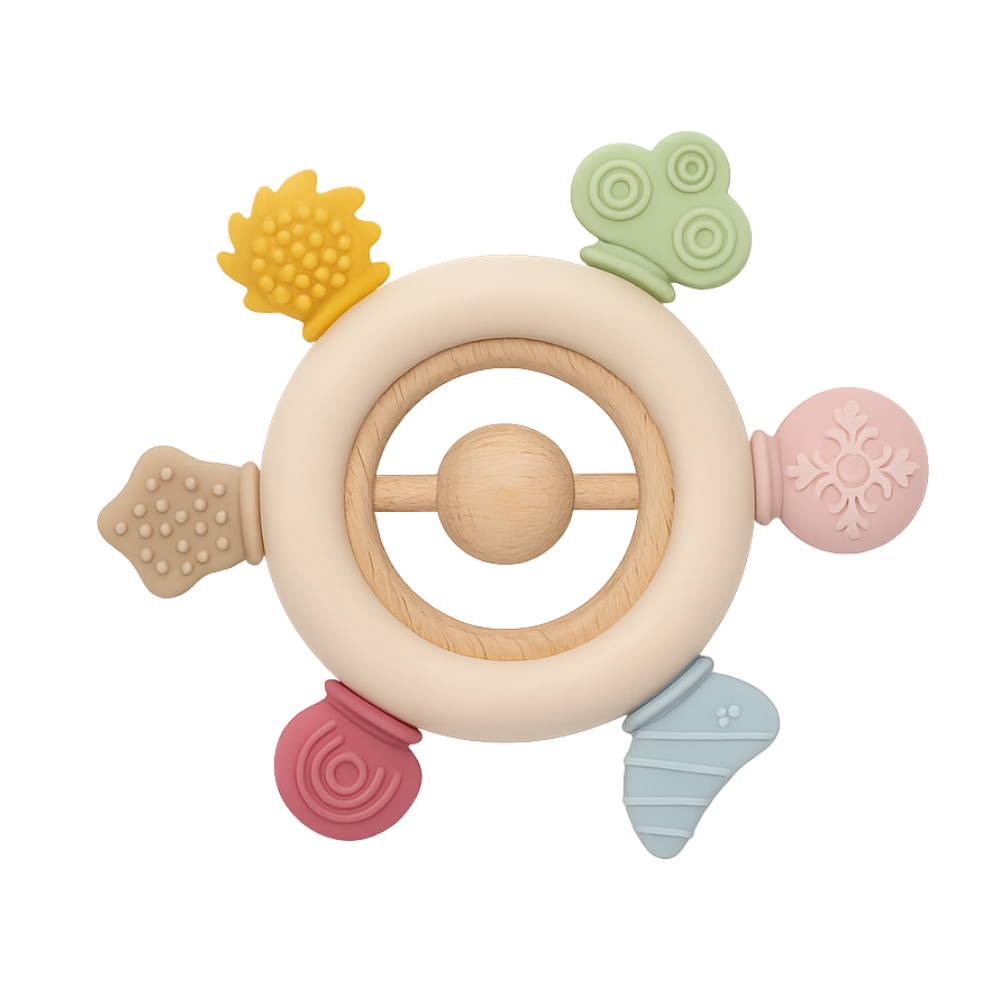 Silicone Teether with Wooden Rattle