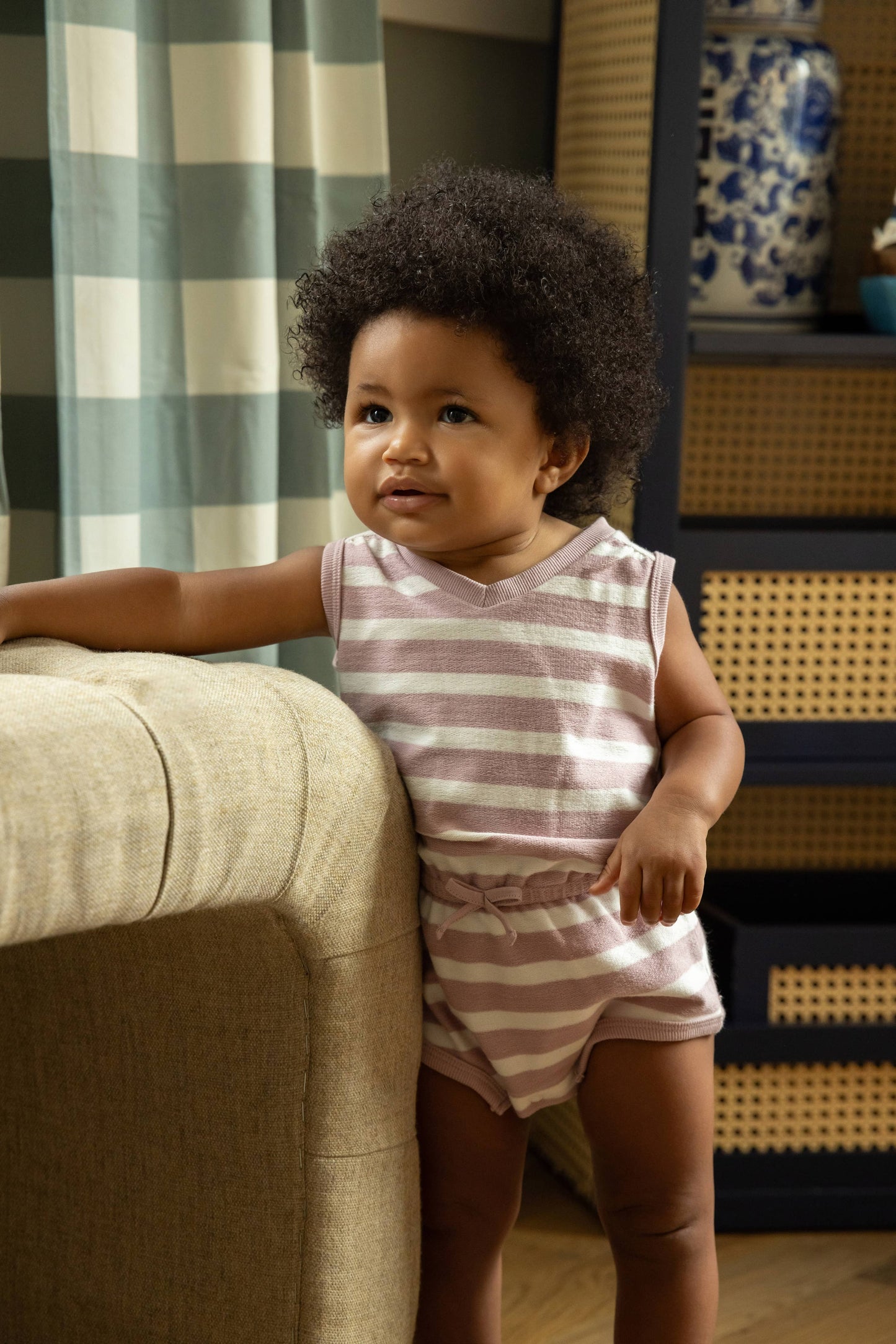 Terry Striped Romper with Shoulder Gathers: Pink