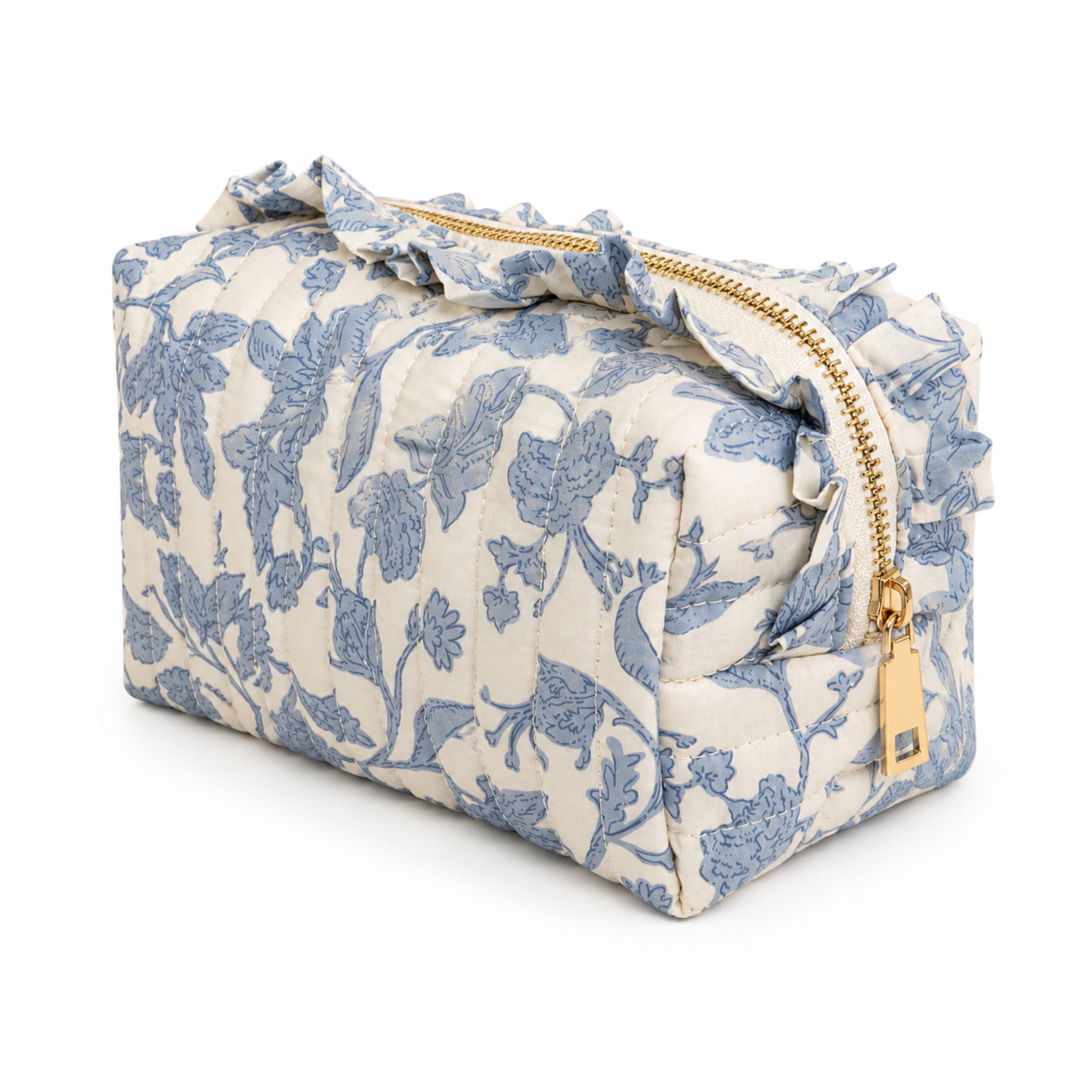 French Toile Ruffle Cosmetic Case, Quilted Cotton: Blue