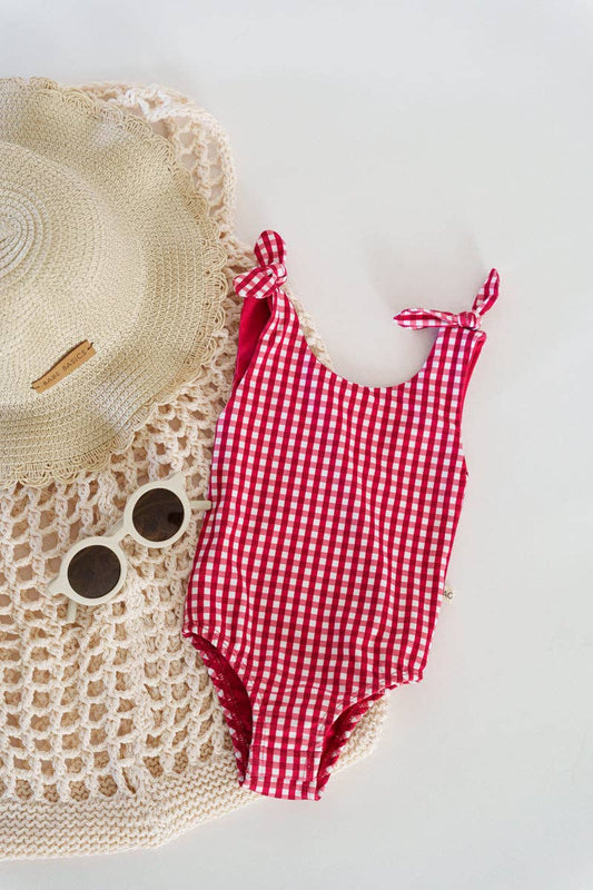 Girls SPF One Piece Swimsuit: Red Gingham