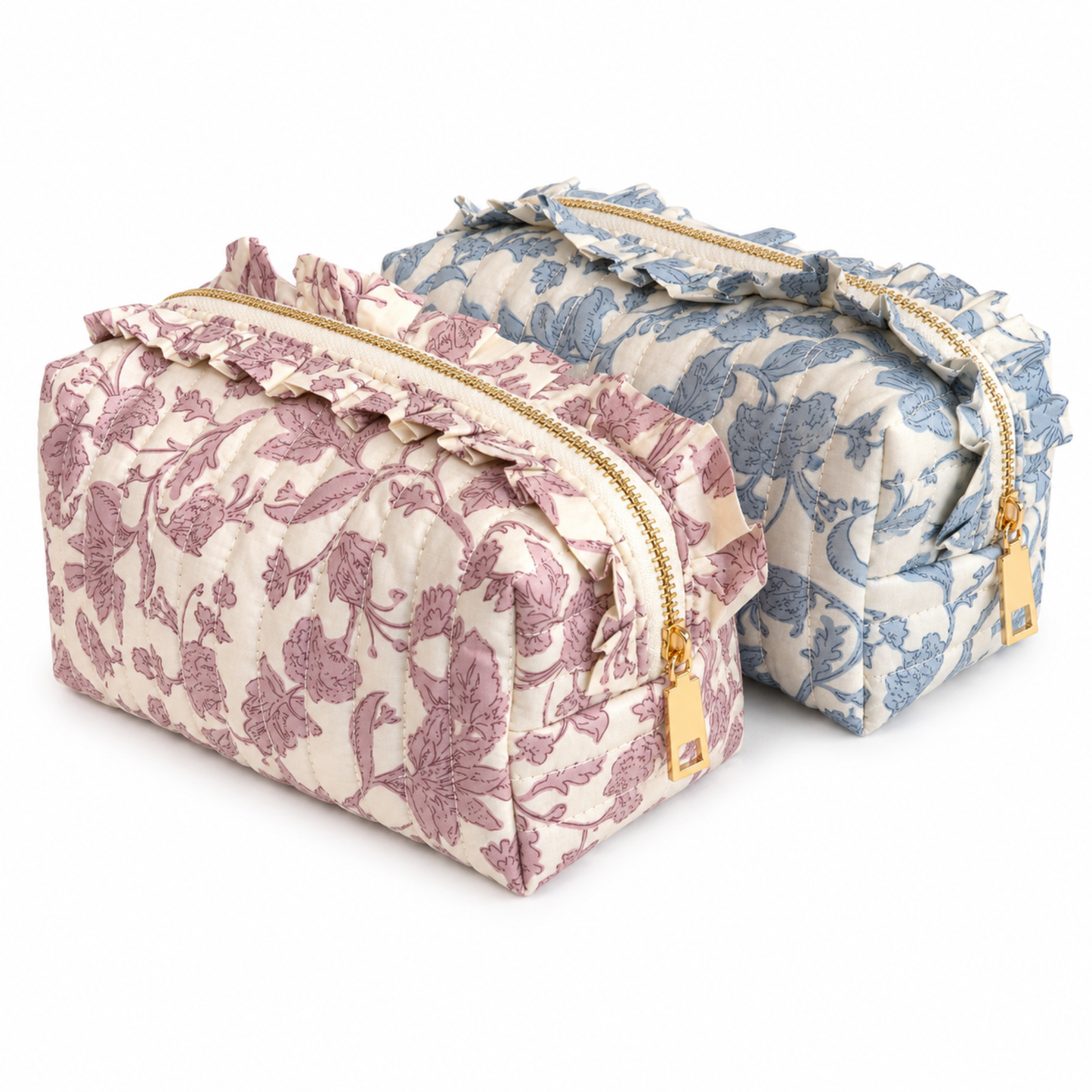 French Toile Ruffle Cosmetic Case, Quilted Cotton: Blue