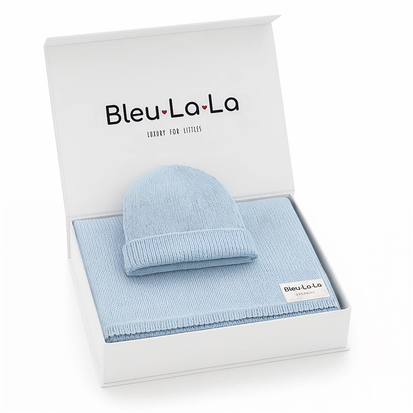 Luxe - 100% Organic Cotton Knit Blanket + Hat Boxed Gift Set: Sky Blue