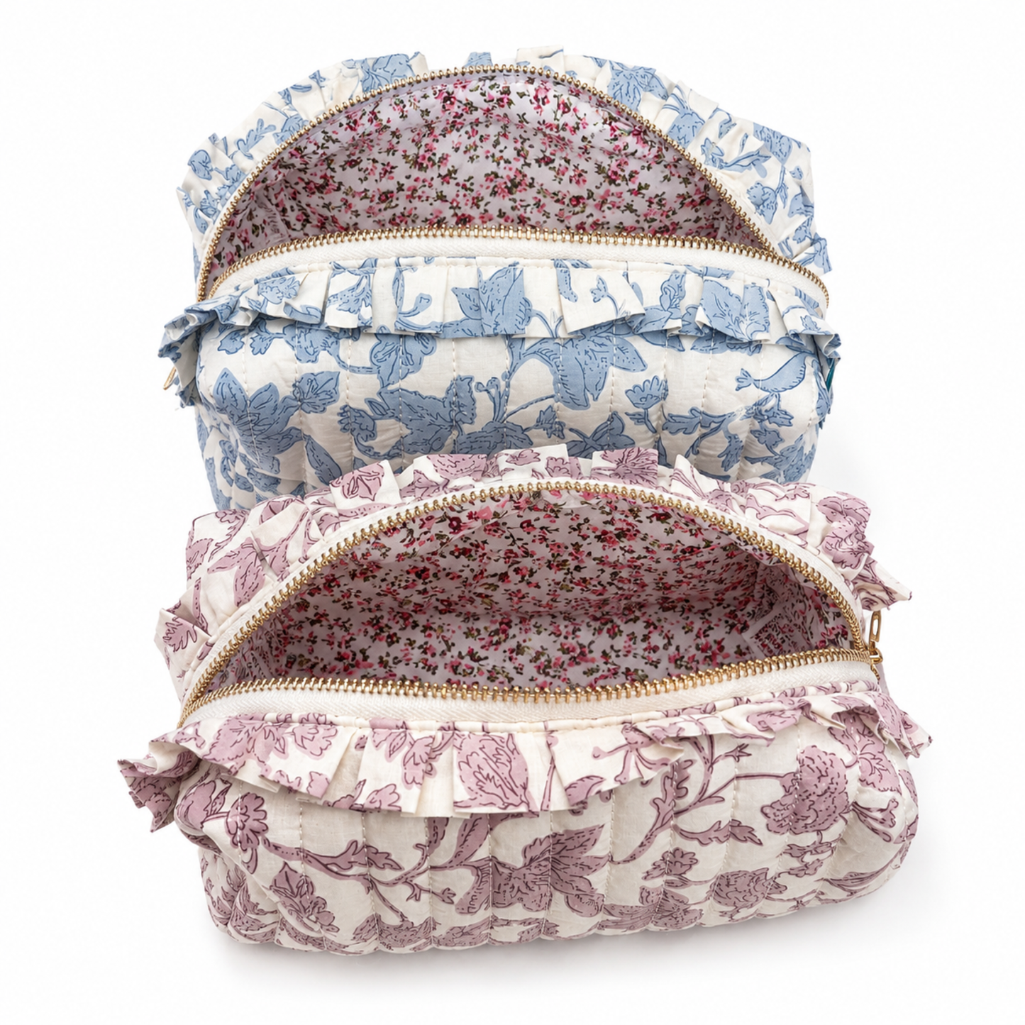 French Toile Ruffle Cosmetic Case, Quilted Cotton: Pink