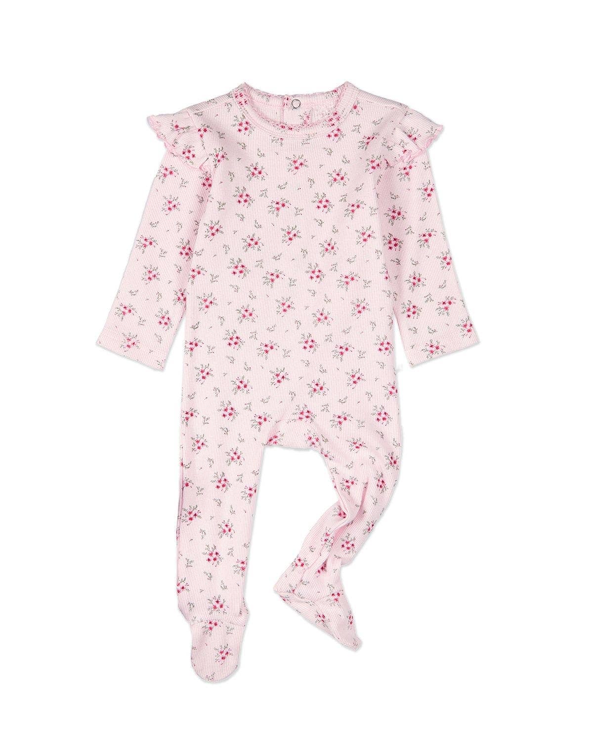 Ruffled Sleeve Floral Footie: Pink