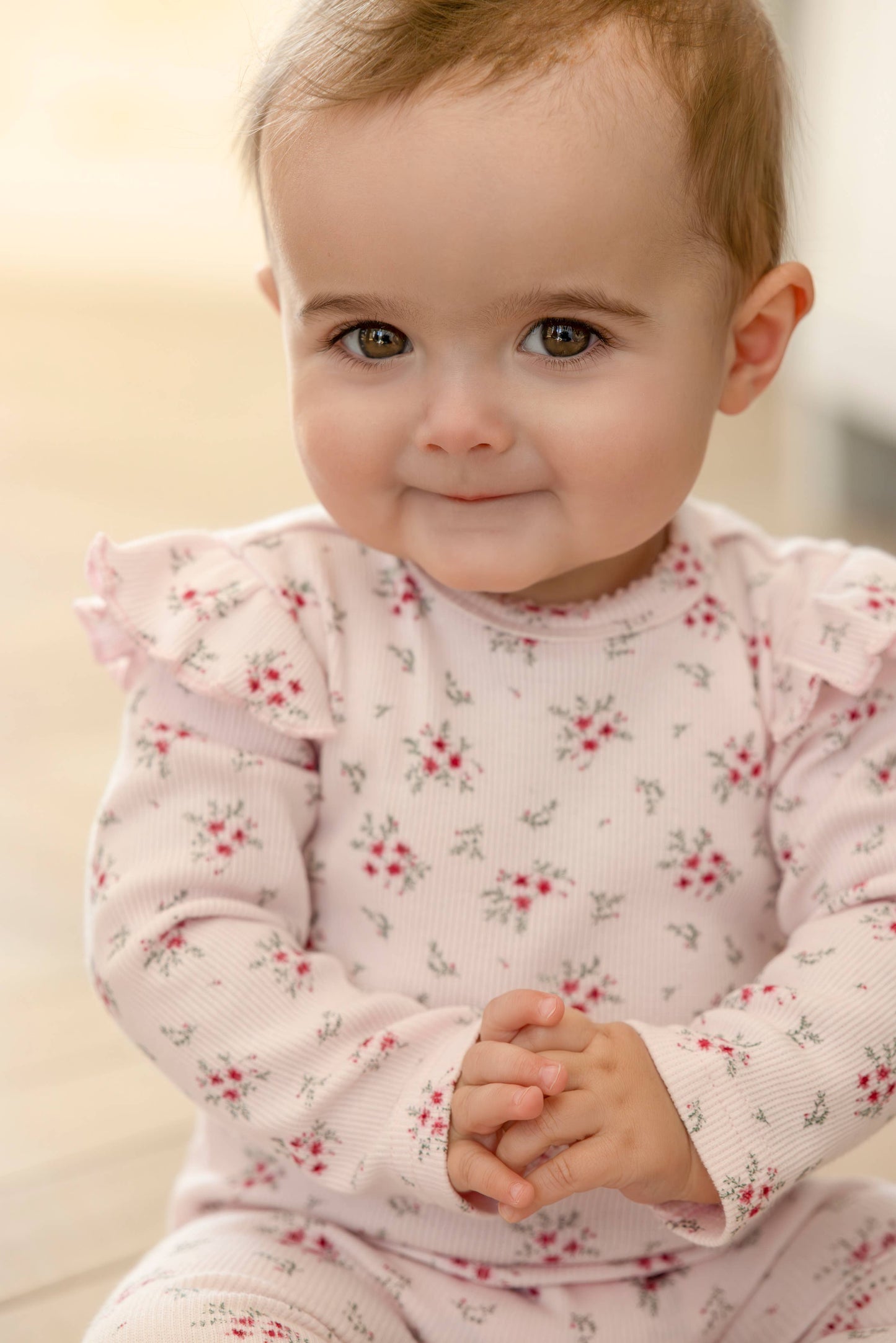 Ruffled Sleeve Floral Footie: Pink