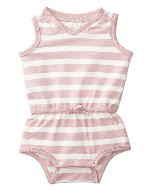 Terry Striped Romper with Shoulder Gathers: Pink