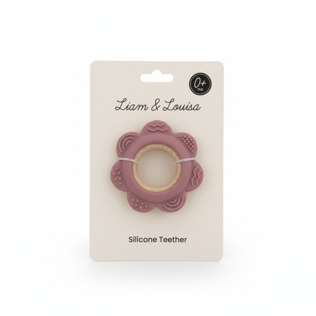 Pink Flower Silicone & Beechwood Baby Ring Teether - Blush