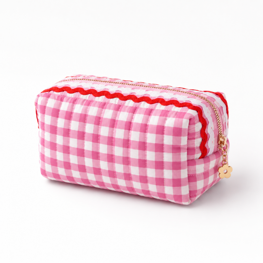 Wave Gingham Cosmetic Case, Pink