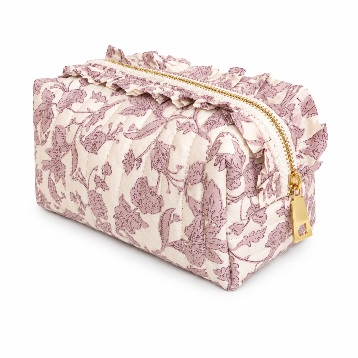 French Toile Ruffle Cosmetic Case, Quilted Cotton: Pink