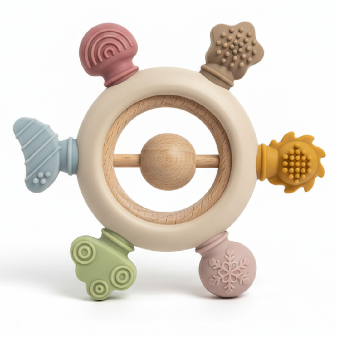 Silicone Teether with Wooden Rattle
