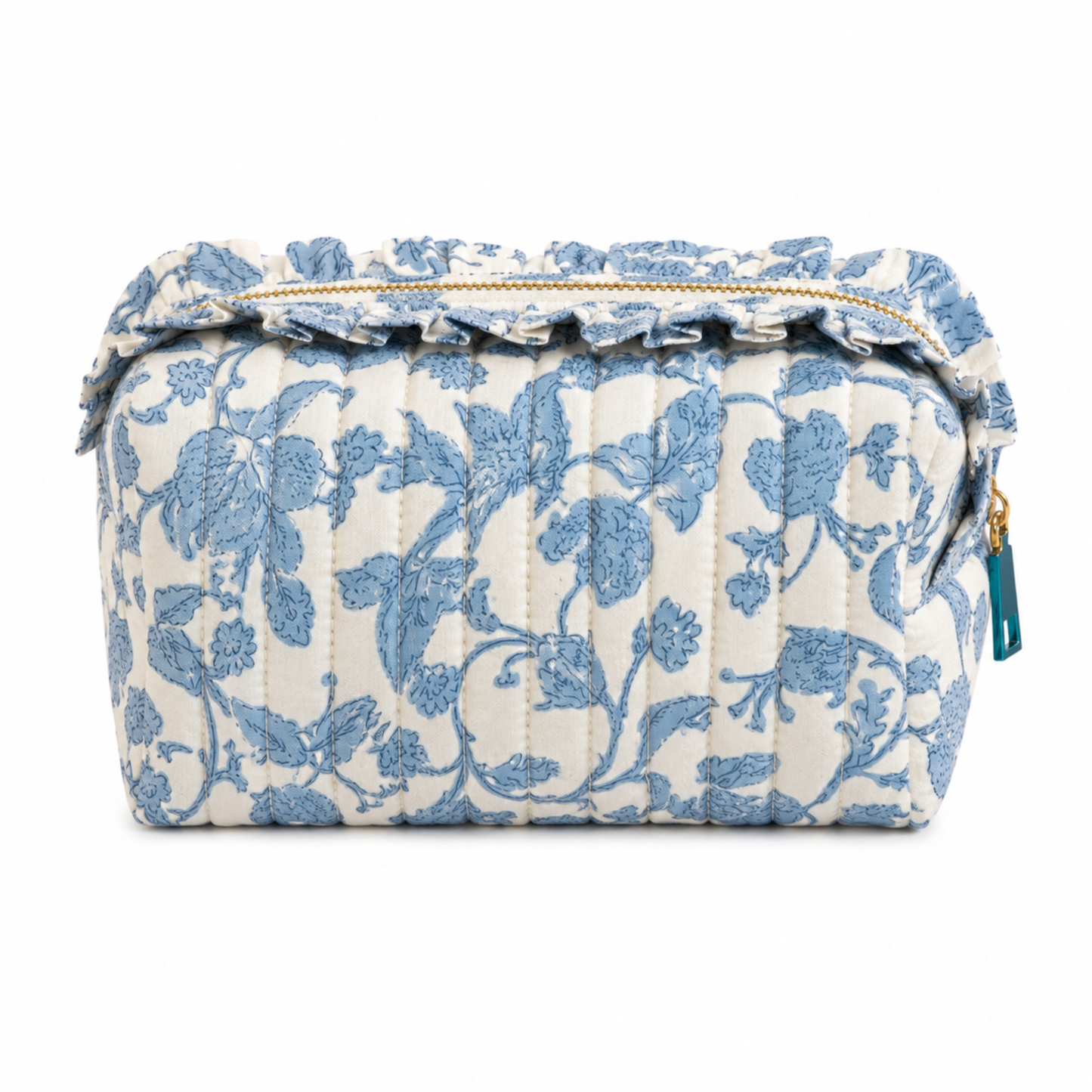 French Toile Ruffle Cosmetic Case, Quilted Cotton: Blue