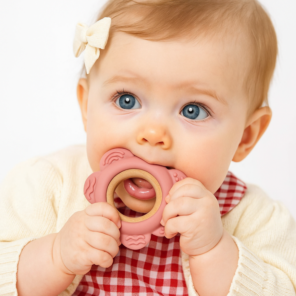 Pink Flower Silicone & Beechwood Baby Ring Teether - Blush