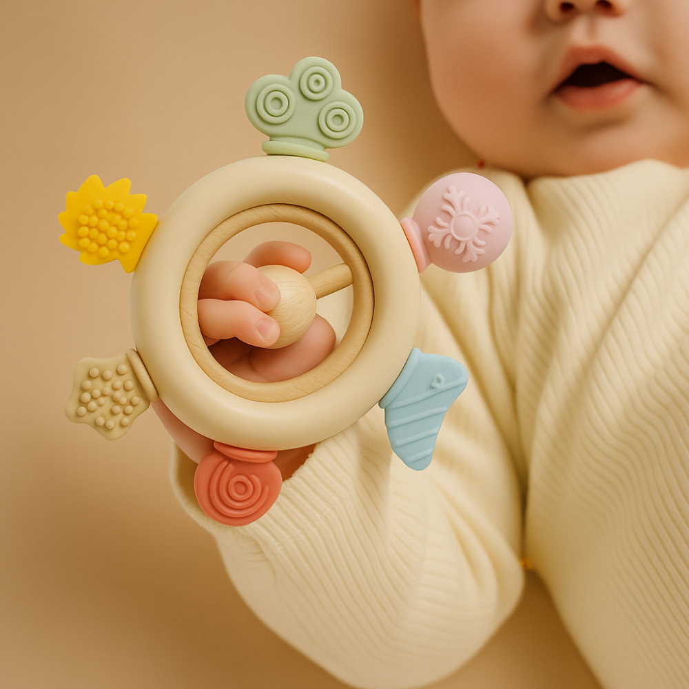 Silicone Teether with Wooden Rattle
