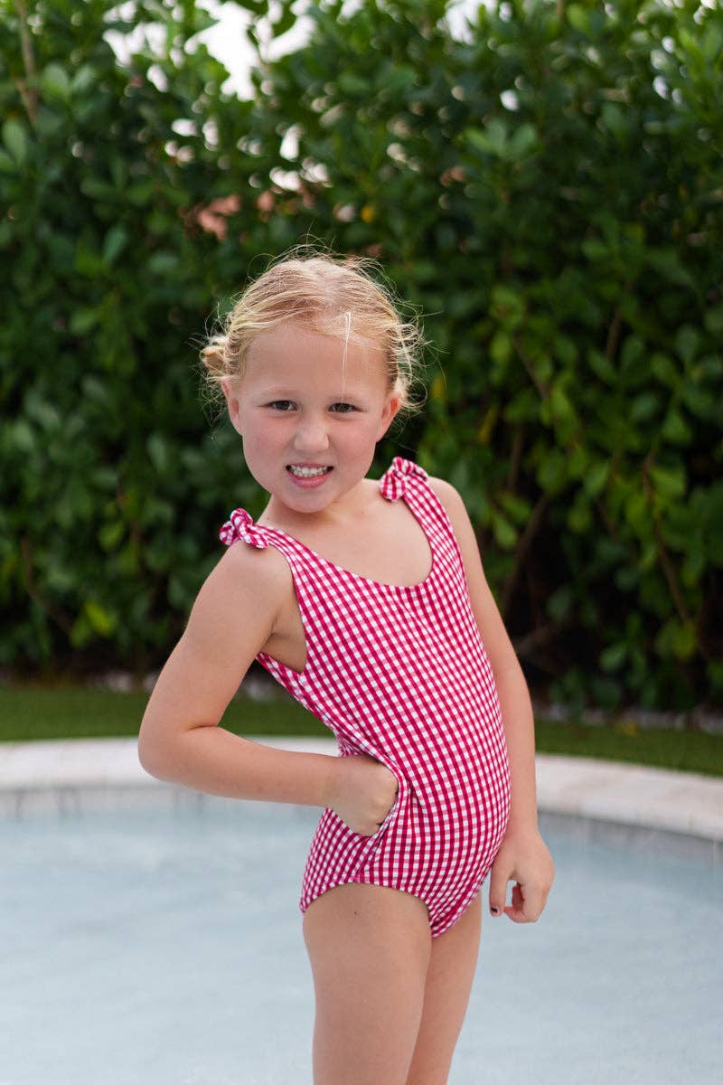 Girls SPF One Piece Swimsuit: Red Gingham