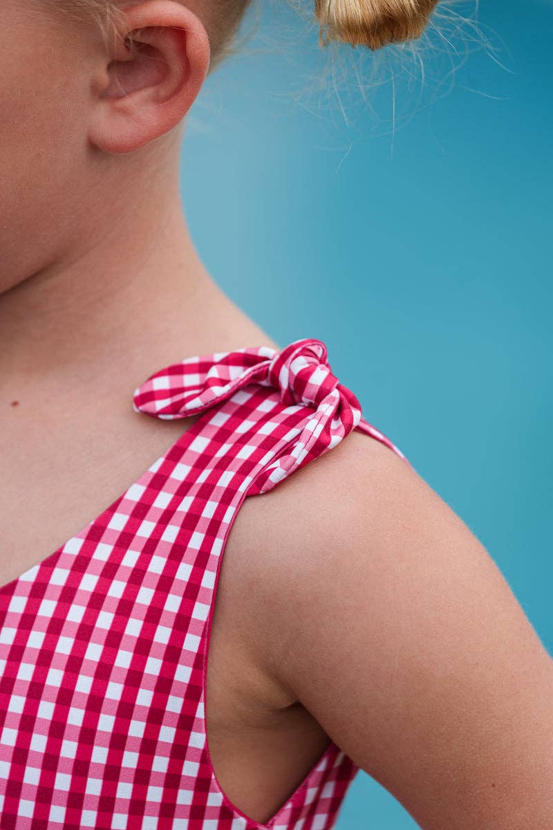Girls SPF One Piece Swimsuit: Red Gingham