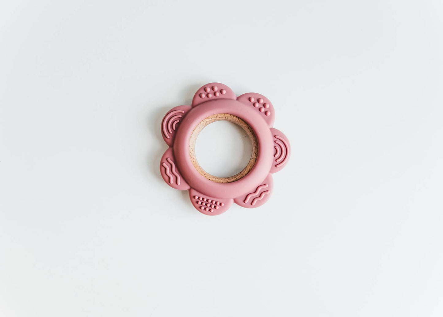 Pink Flower Silicone & Beechwood Baby Ring Teether - Blush