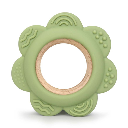 Green Flower Silicone & Beech Wood Baby Ring Teether Toy