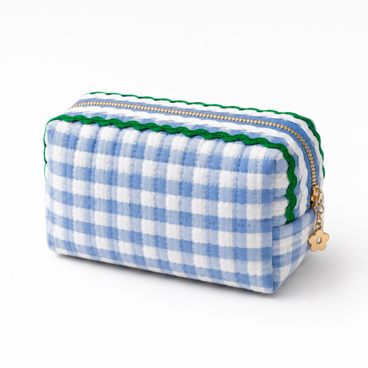 Wave Gingham Cosmetic Case, Blue